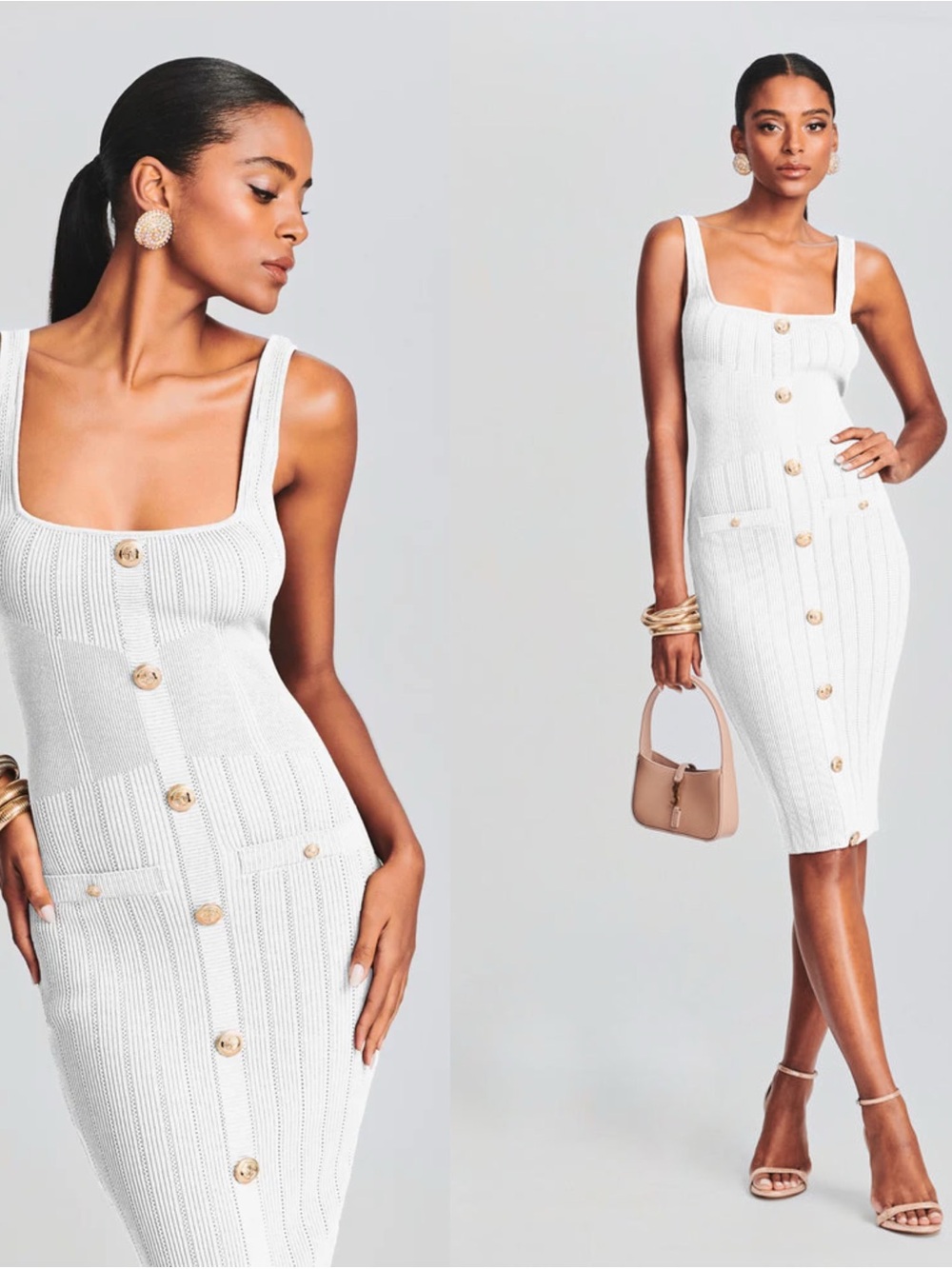 Retrofete Laney Knit Dress White Metallic Midi Bodycon Small